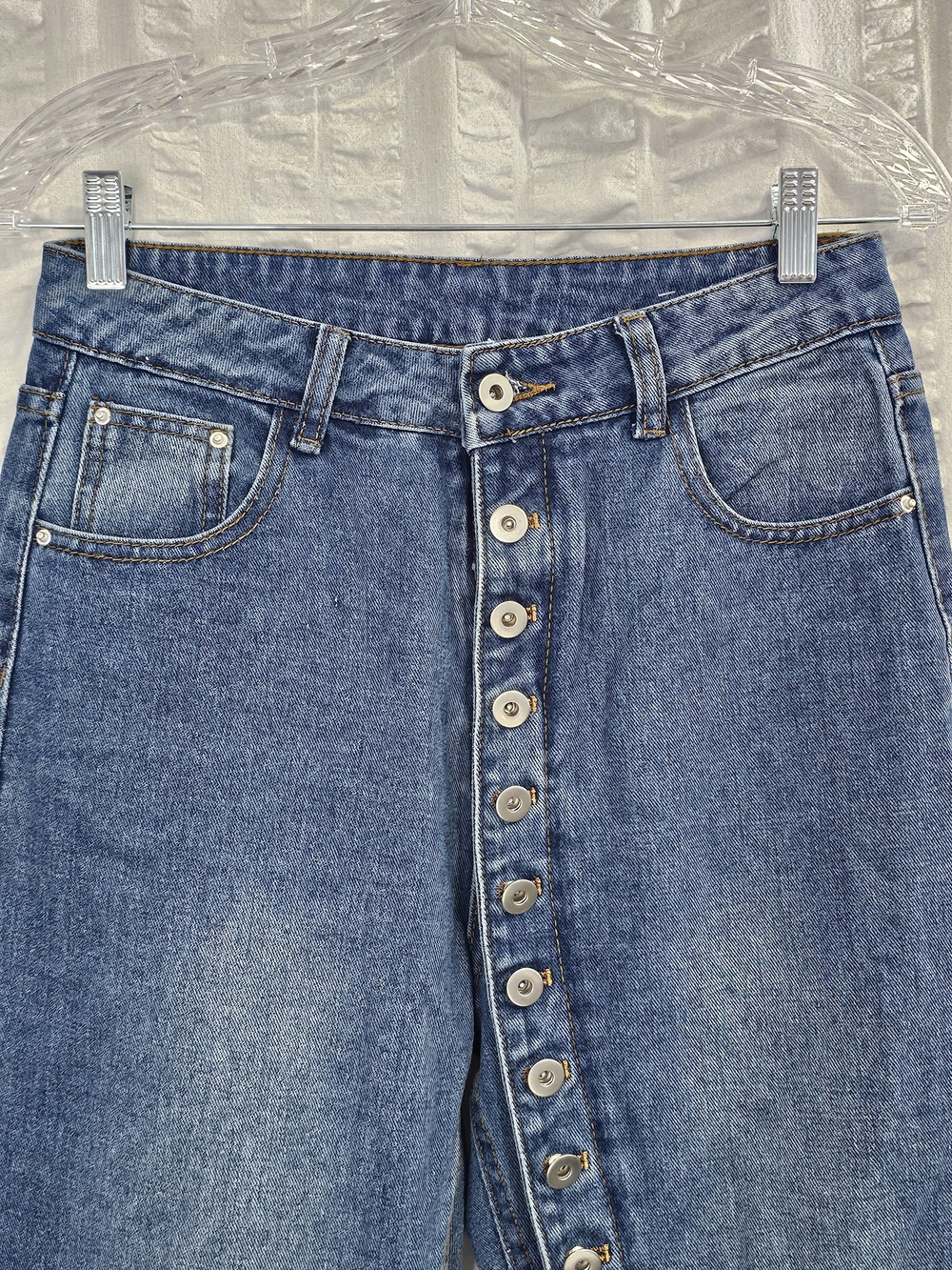 Dark Blue High Rise Boho Button-Front Flare Jeans With Button Details - Picture 2 of 15